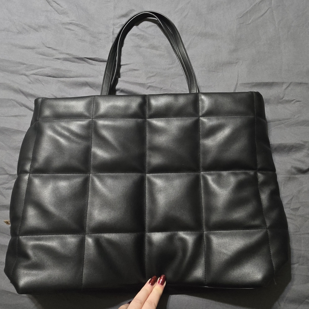 A New Day Black Quilted Tote Bag with Glossy Finish
